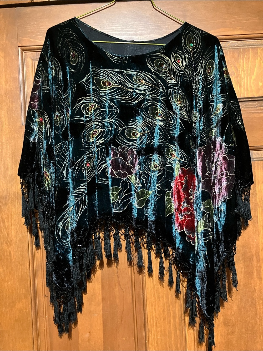 Coldwater Creek Black Velvet Fringe Poncho with Peacock & Floral Embroidery